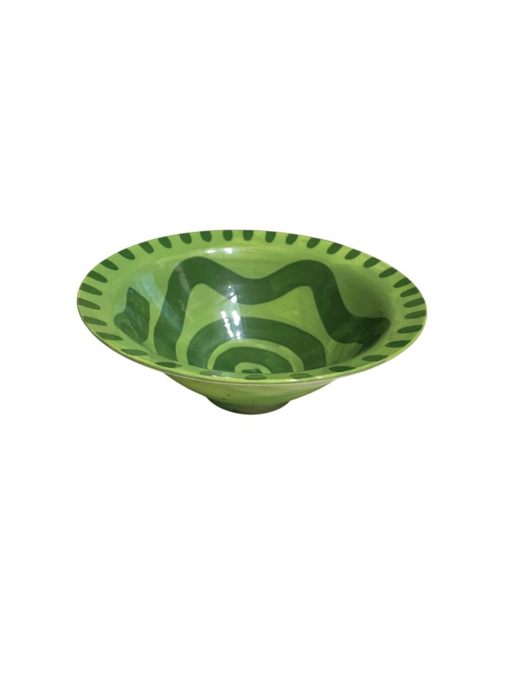 Lu Lee Green Ceramic Serving Bowl With Abstract Spiral Design Handcrafted